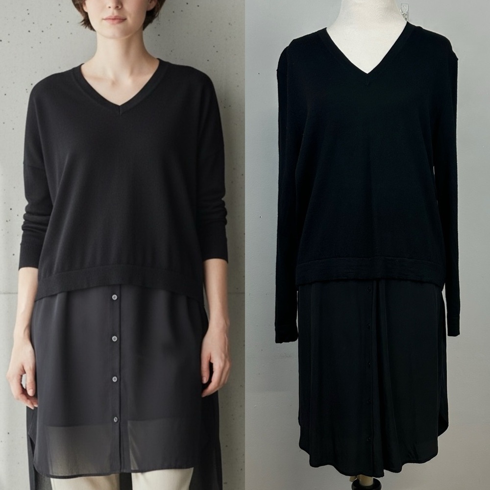 COS Black Button Down Wool Silk Mixed Media Tunic Top Sz S